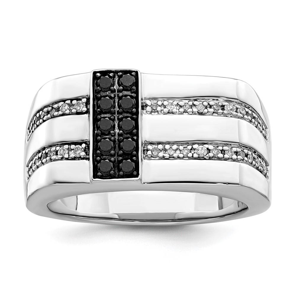 Mens Sterling Silver 1/2 Ctw White &amp; Black Diamond Flat Top 11mm Band