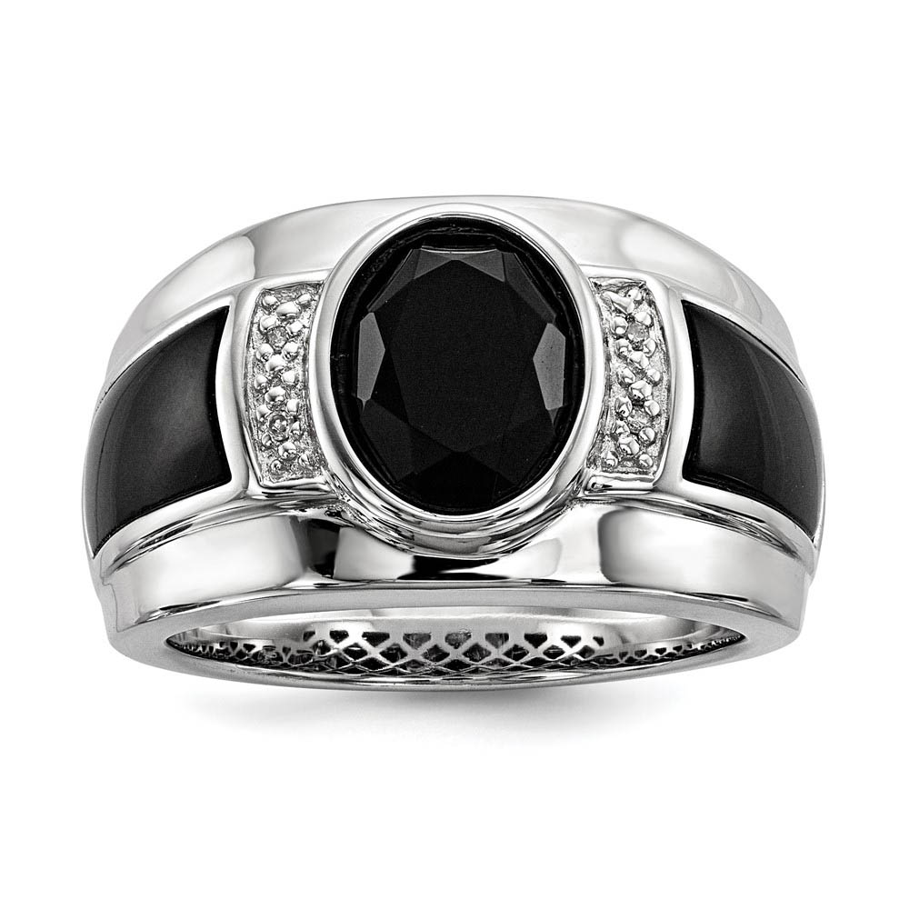 Diamond &amp; Oval Black Onyx 13mm Tapered Ring in Sterling Silver