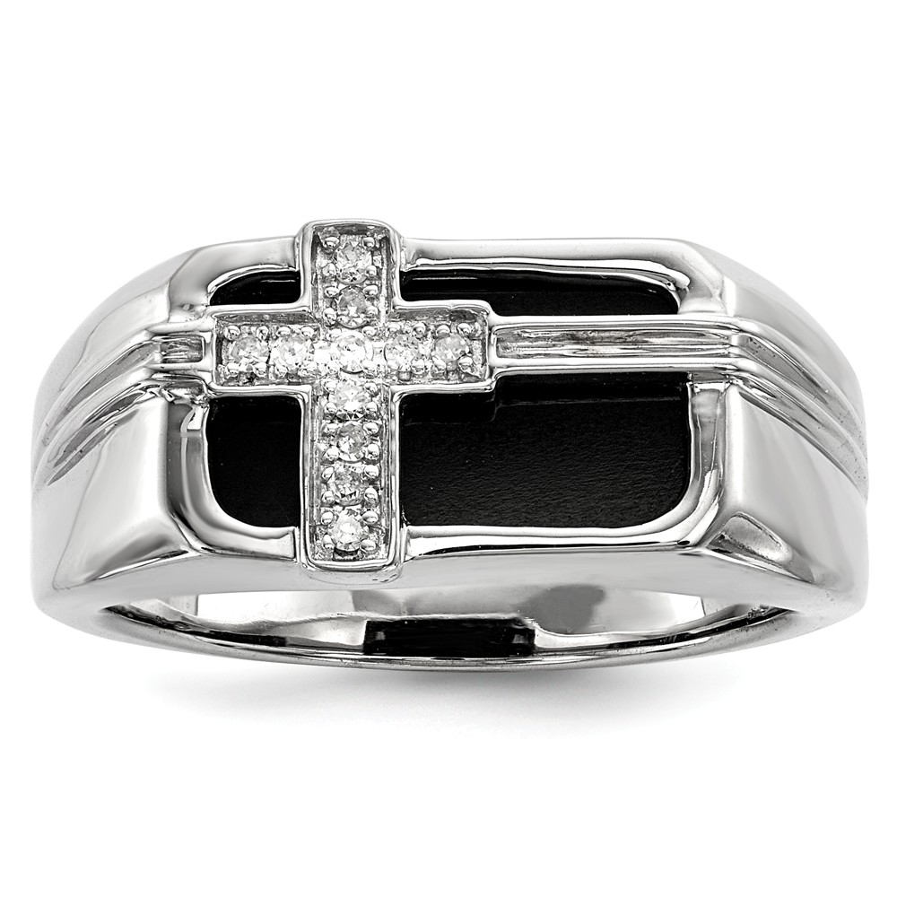 Men's Black Onyx & Diamond Cross Tapered Ring in Sterling Silver