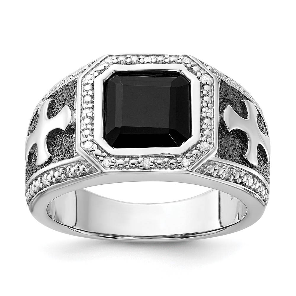 Onyx &amp; Diamond Octagon &amp; Cross Tapered Ring in Sterling Silver Size 10