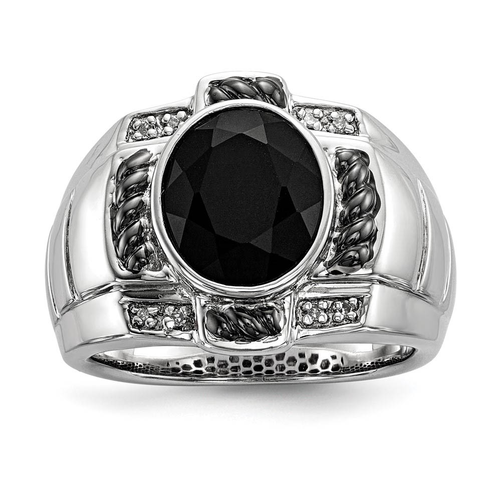 Oval Black Onyx &amp; Diamond Two Tone Sterling Silver Tapered Ring Size 9