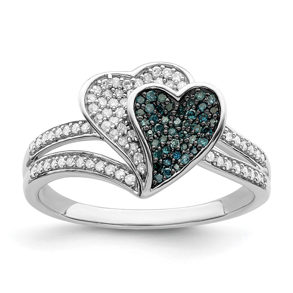 1/3 Ctw Blue & White Diamond Double Heart Ring in Sterling Silver