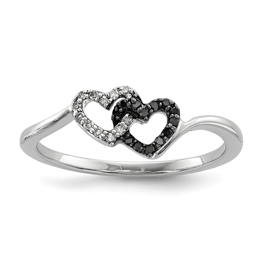1/10 Ctw White & Black Diamond Double Heart Sterling Silver Ring