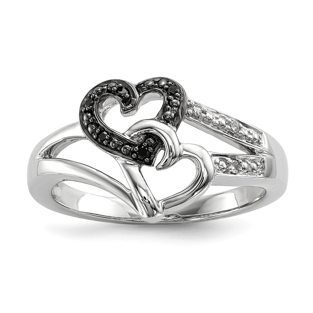 Black & White Diamond Double Heart Tapered Ring in Sterling Silver