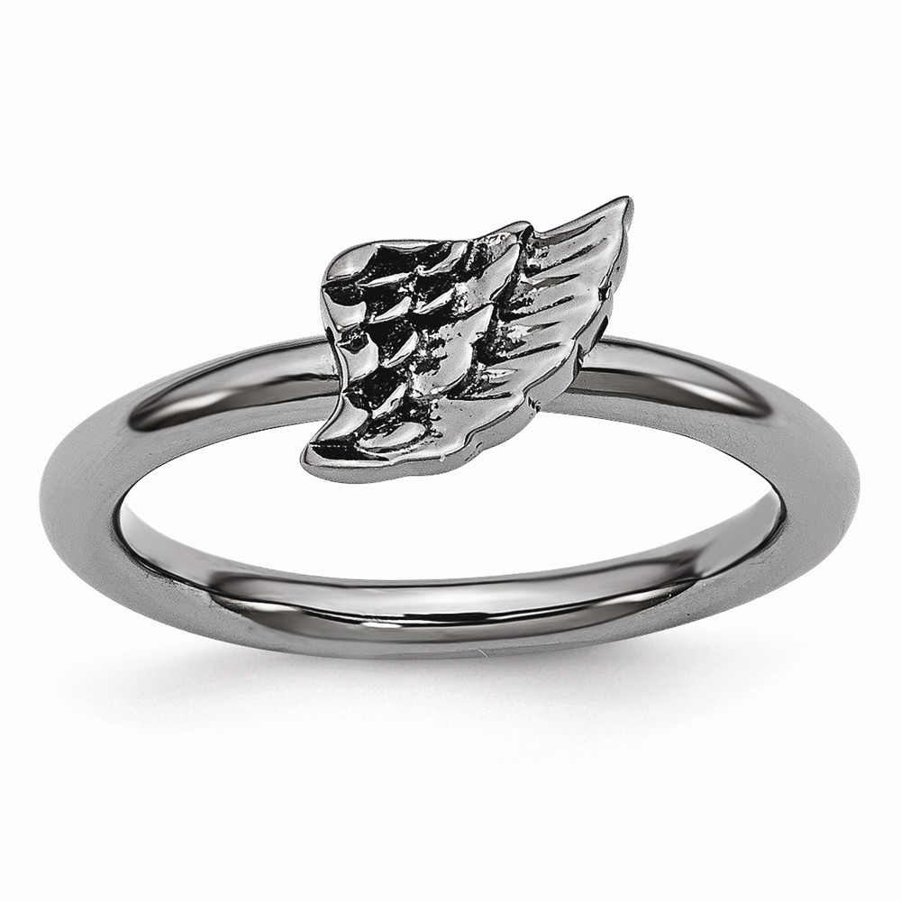 Black Plated Sterling Silver Stackable 6mm Angel Wing Ring