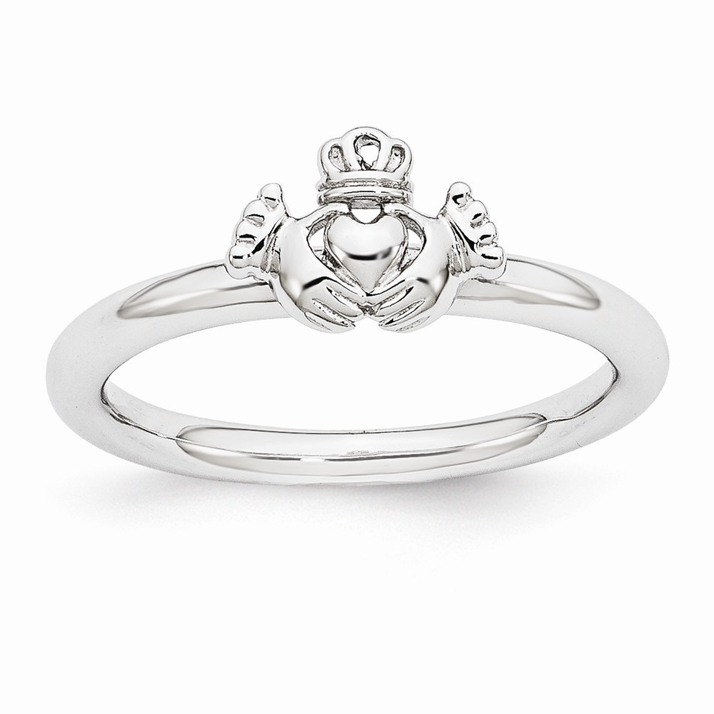 Rhodium Plated Sterling Silver Stackable Polished Claddagh Ring