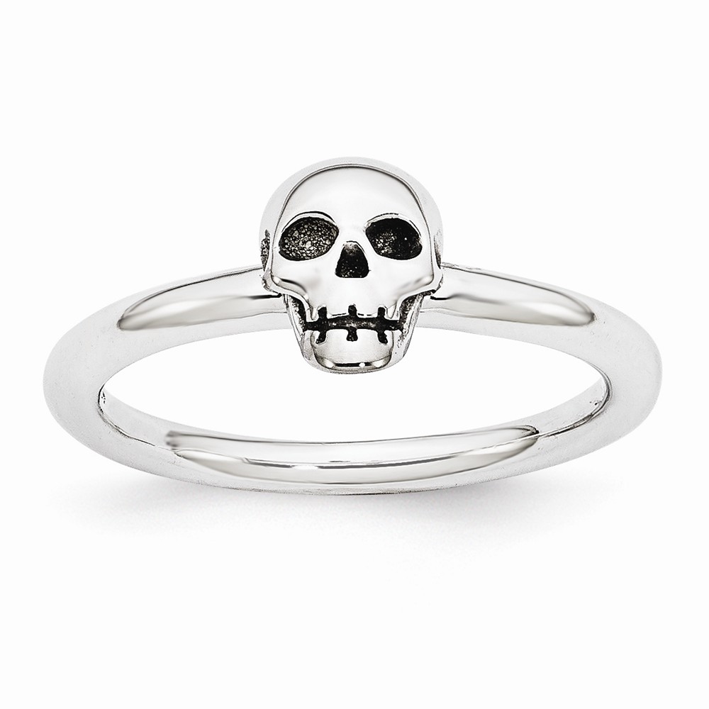 Rhodium Plated Sterling Silver Stackable 6mm Antiqued Skull Ring