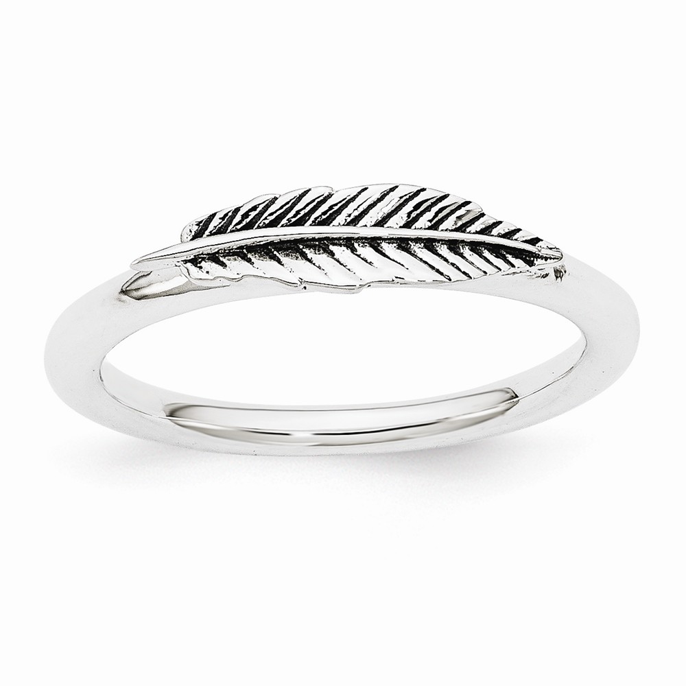 Rhodium Plated Sterling Silver Stackable 4mm Antiqued Feather Ring
