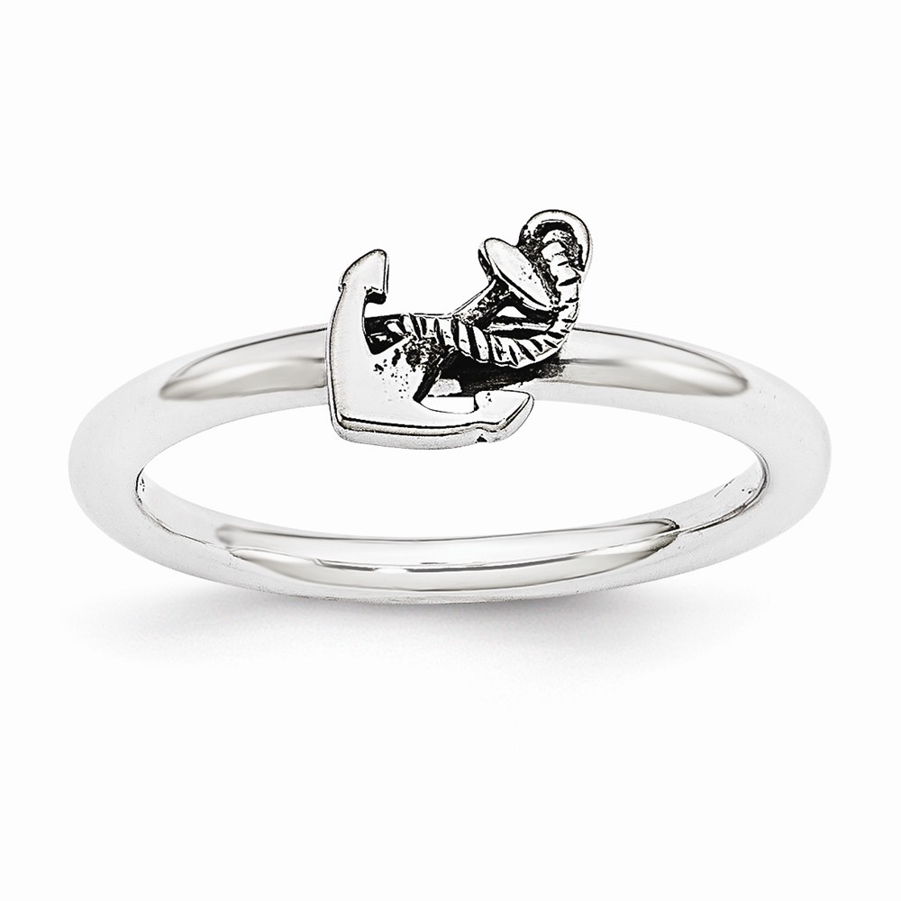 Rhodium Plated Sterling Silver Stackable 7mm Antiqued Anchor Ring
