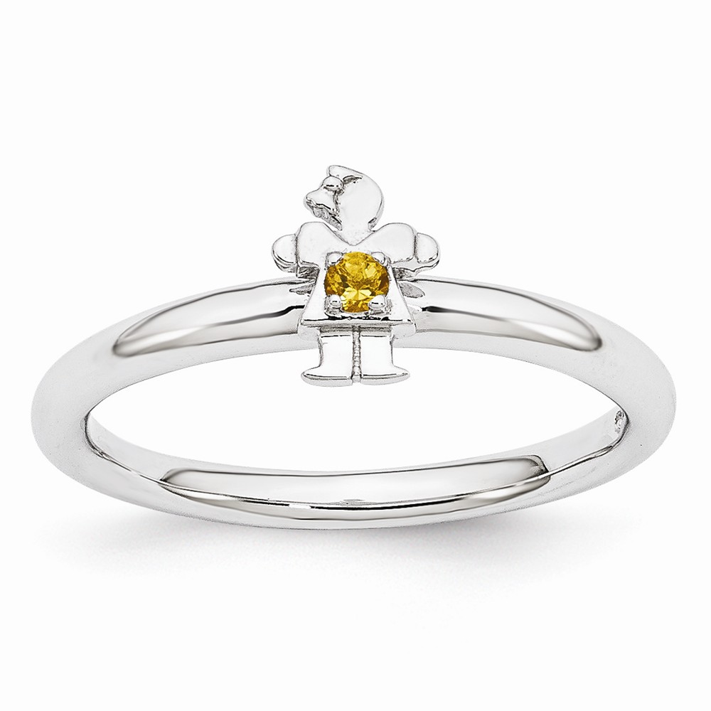 Rhodium Plated Sterling Silver Stackable Citrine 7mm Girl Ring