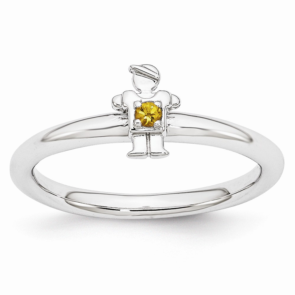 Rhodium Plated Sterling Silver Stackable Citrine 7mm Boy Ring