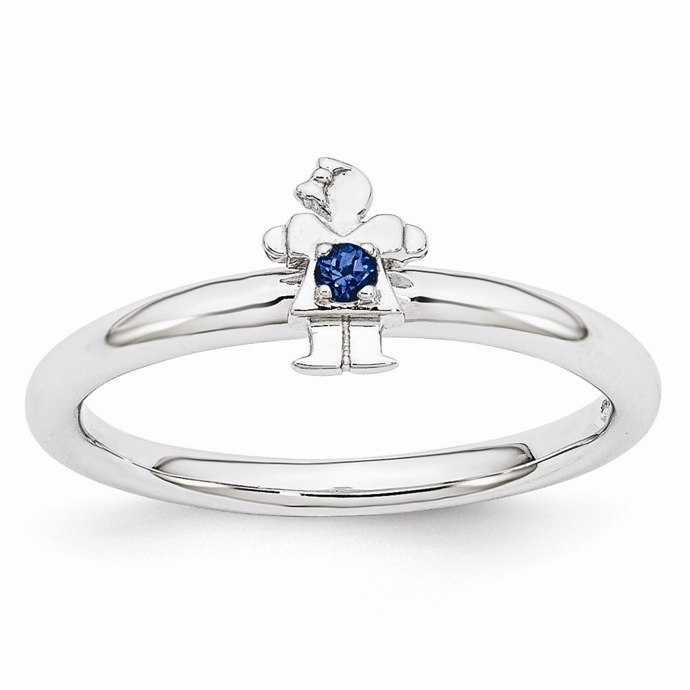 Rhodium Plate Sterling Silver Stackable Created Sapphire 7mm Girl Ring