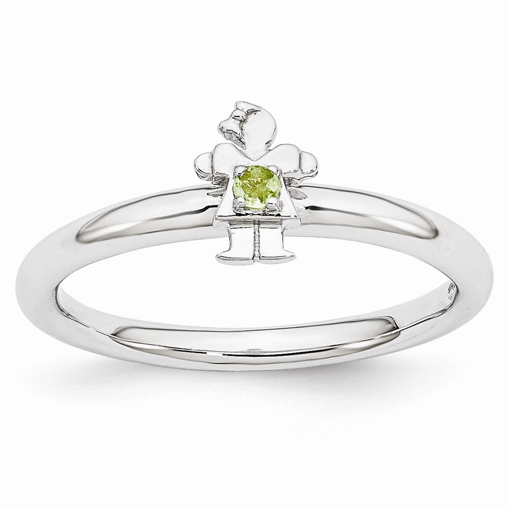 Rhodium Plated Sterling Silver Stackable Peridot 7mm Girl Ring