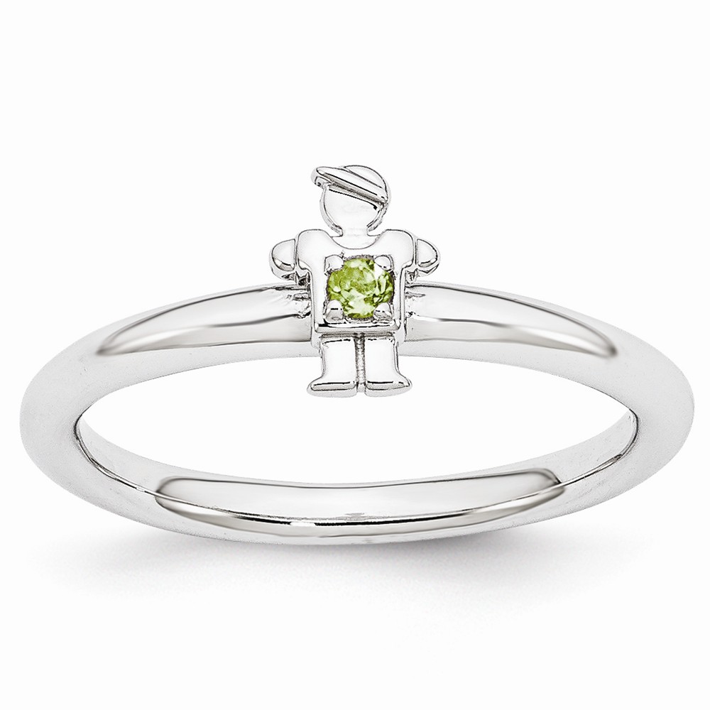 Rhodium Plated Sterling Silver Stackable Peridot 7mm Boy Ring