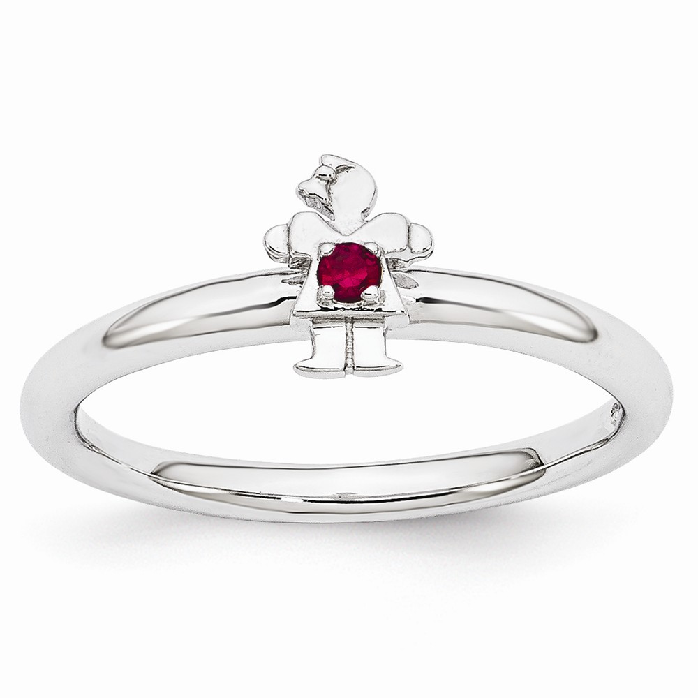 Rhodium Sterling Silver Stackable Created Ruby 7mm Girl Ring