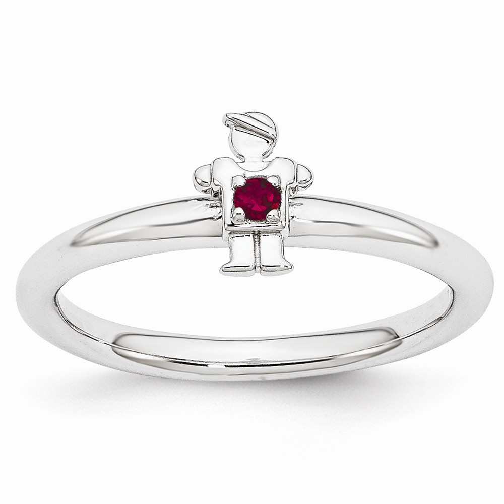 Rhodium Sterling Silver Stackable Created Ruby 7mm Boy Ring