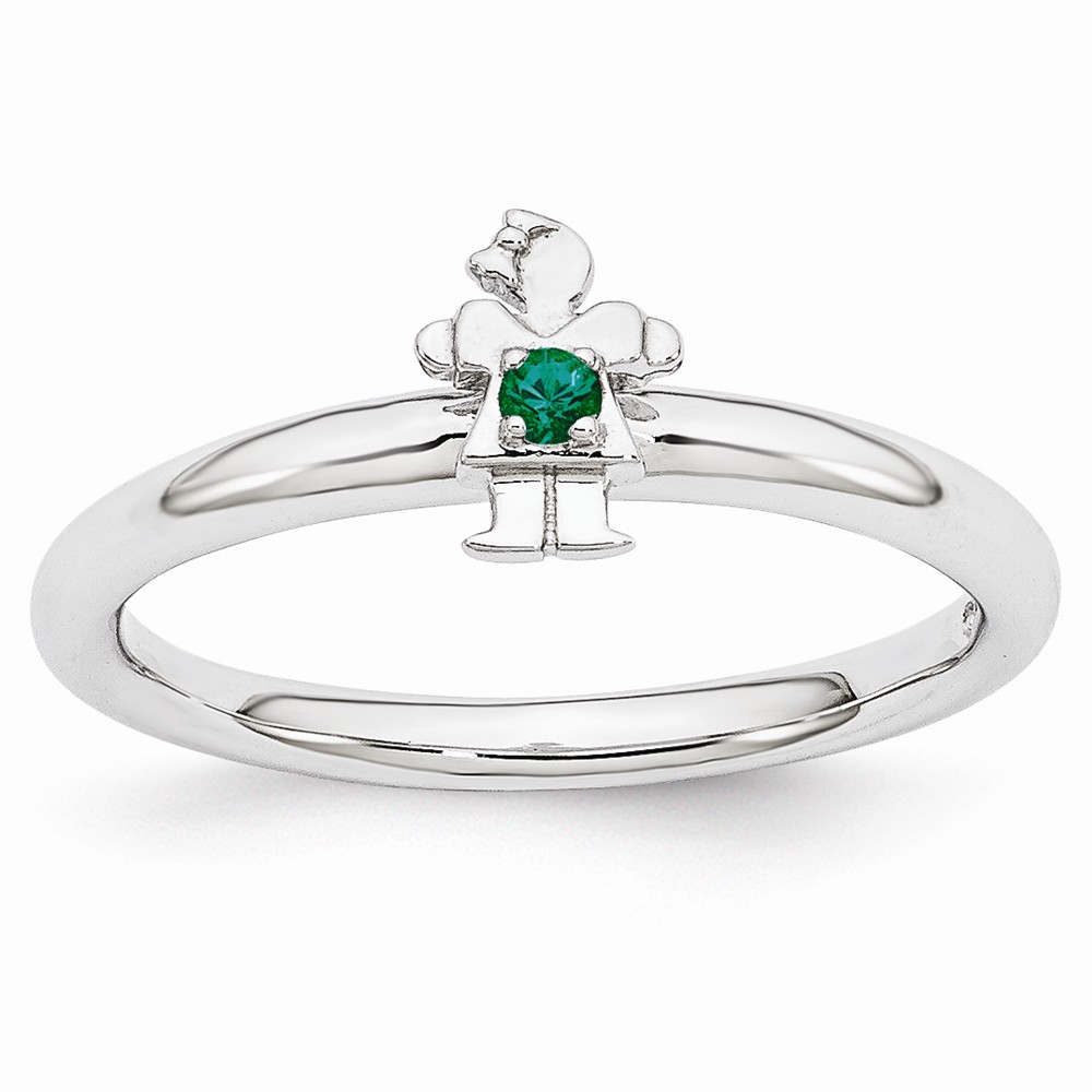 Rhodium Sterling Silver Stackable Created Emerald 7mm Girl Ring