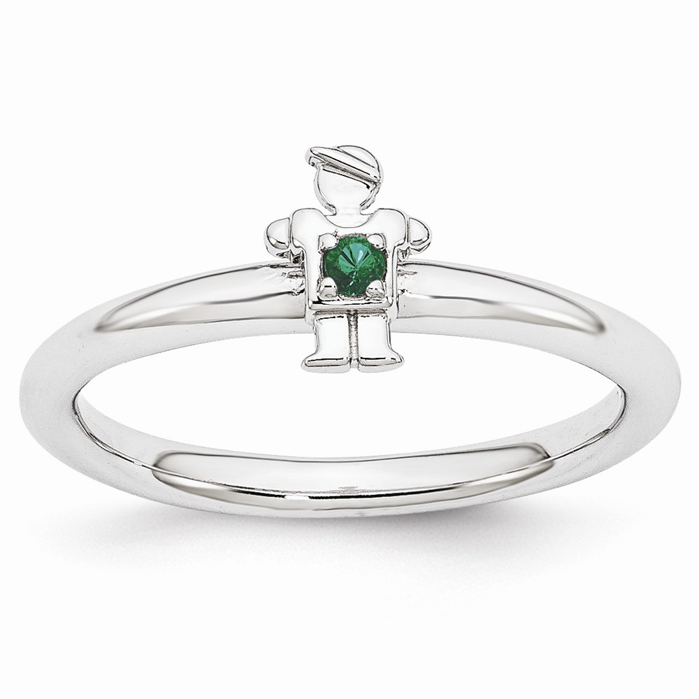Rhodium Plated Sterling Silver Stackable Created Emerald 7mm Boy Ring