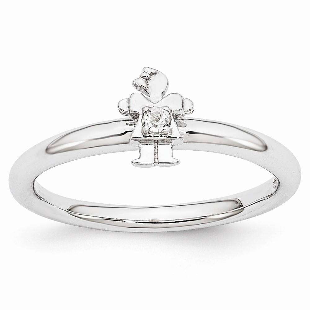 Rhodium Sterling Silver Stackable White Topaz 7mm Girl Ring