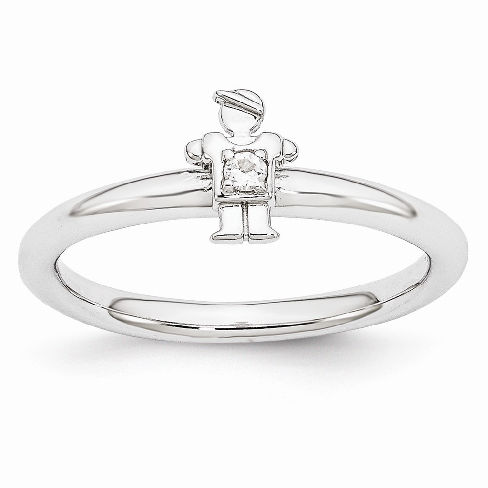 Rhodium Plated Sterling Silver Stackable White Topaz 7mm Boy Ring