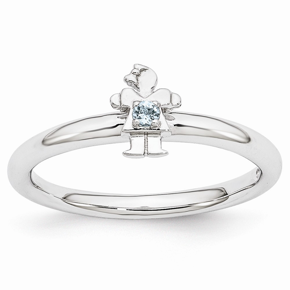 Rhodium Sterling Silver Stackable Aquamarine 7mm Girl Ring