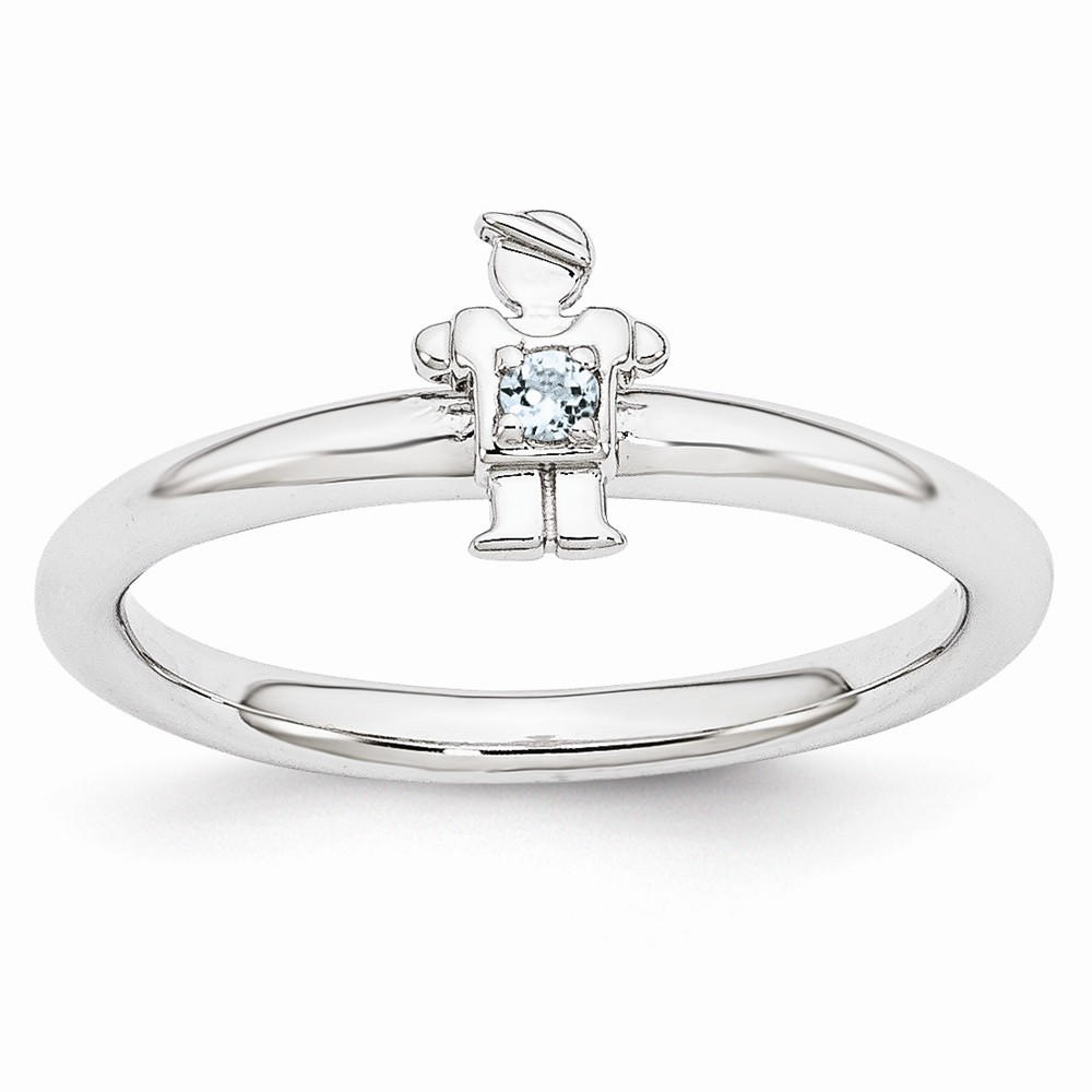 Rhodium Sterling Silver Stackable Aquamarine 7mm Boy Ring