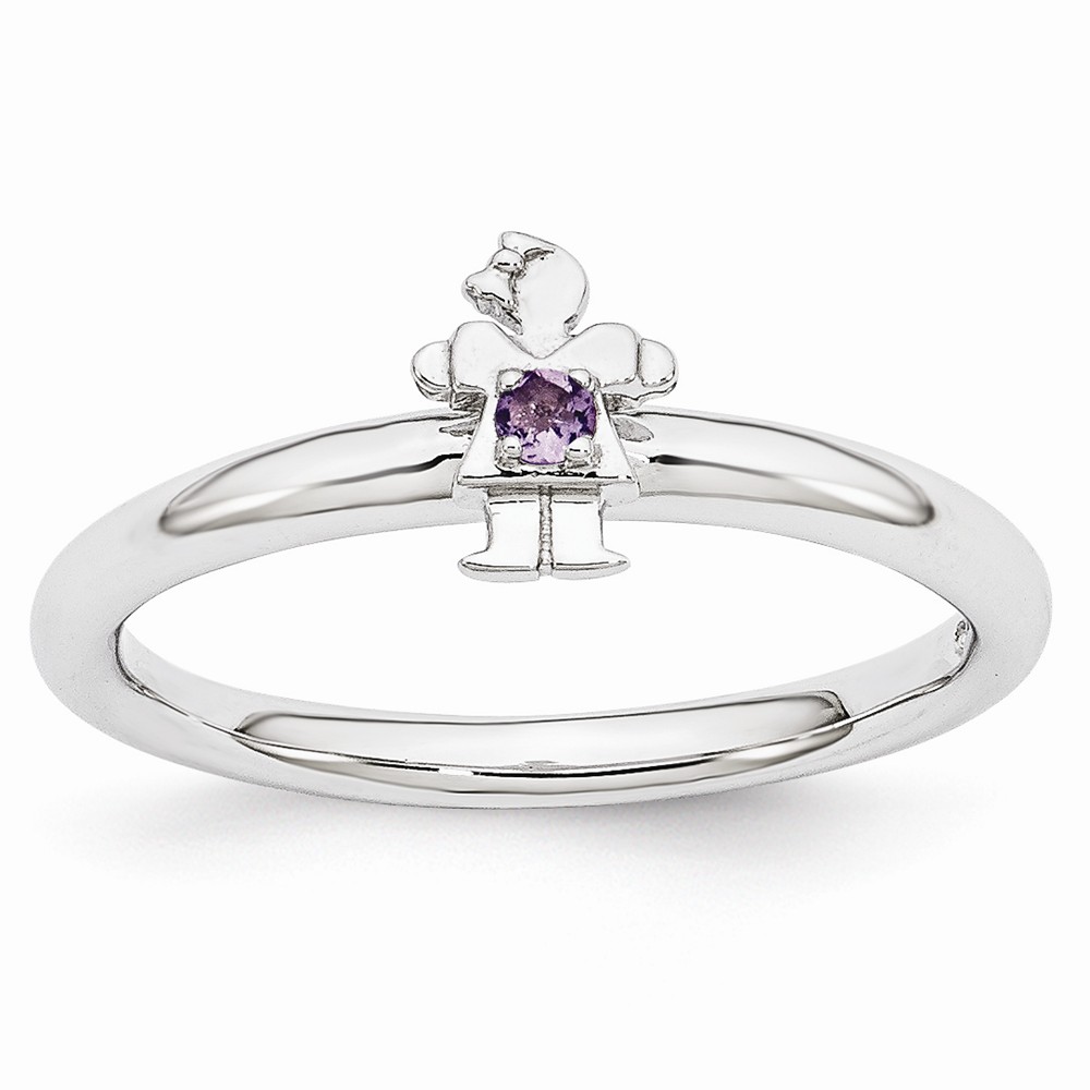Rhodium Plated Sterling Silver Stackable Amethyst 7mm Girl Ring