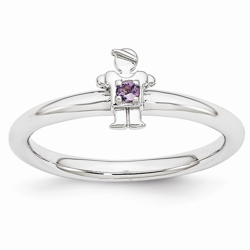 Rhodium Plated Sterling Silver Stackable Amethyst 7mm Boy Ring