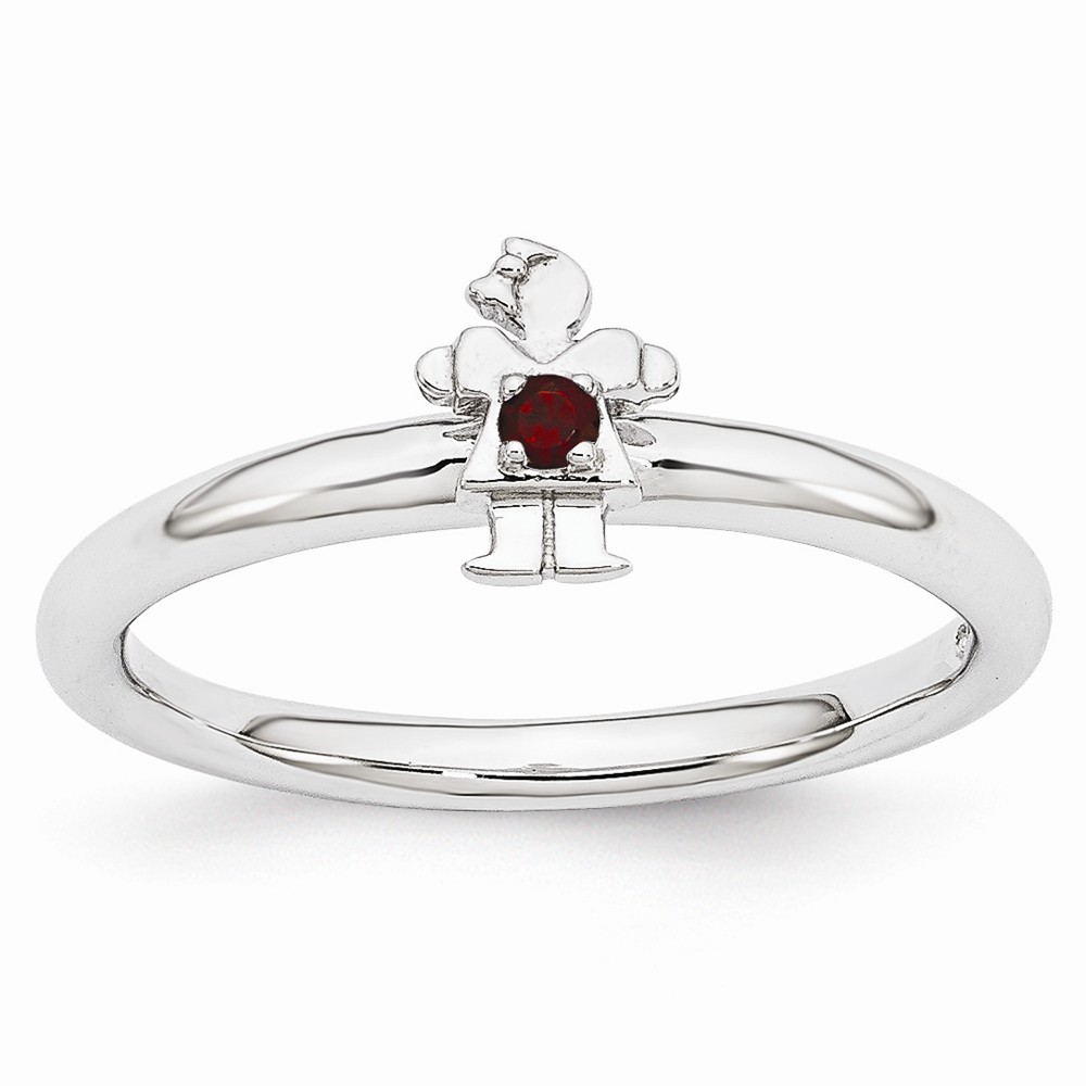 Rhodium Plated Sterling Silver Stackable Garnet 7mm Girl Ring