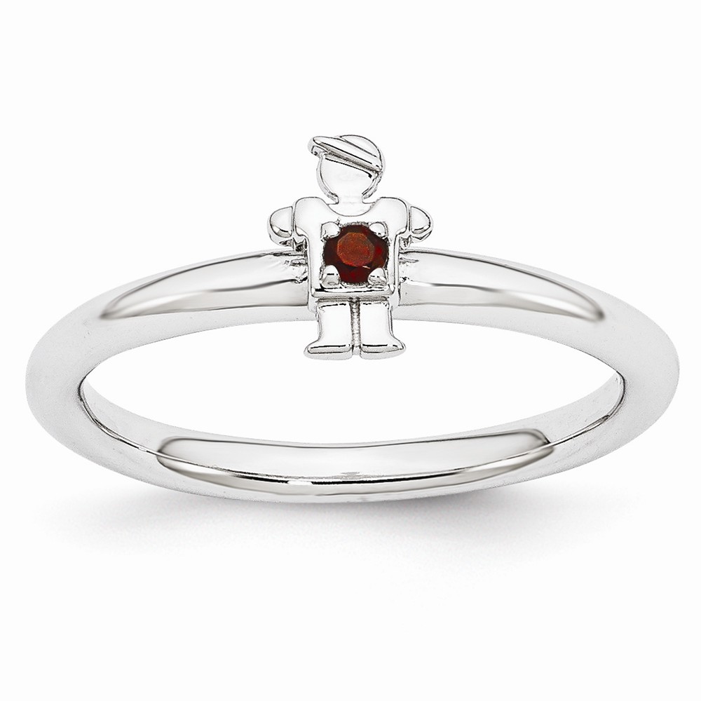 Rhodium Plated Sterling Silver Stackable Garnet 7mm Boy Ring