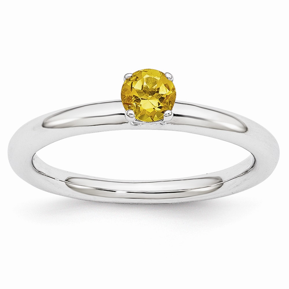 Rhodium Plated Sterling Silver Stackable 4mm Round Citrine Ring