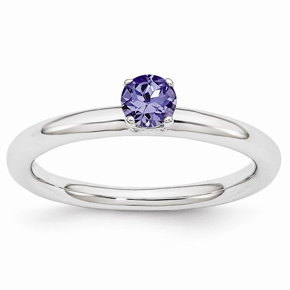 Rhodium Sterling Silver Stackable 4mm Created Sapphire Ring