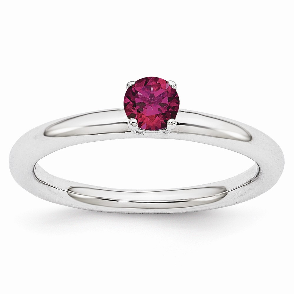 Rhodium Plated Sterling Silver Stackable 4mm Created Ruby Ring