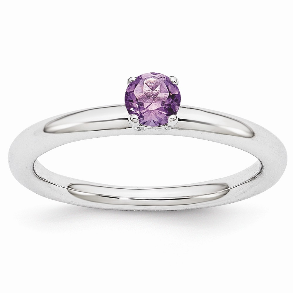 Rhodium Plated Sterling Silver Stackable 4mm Round Amethyst Ring