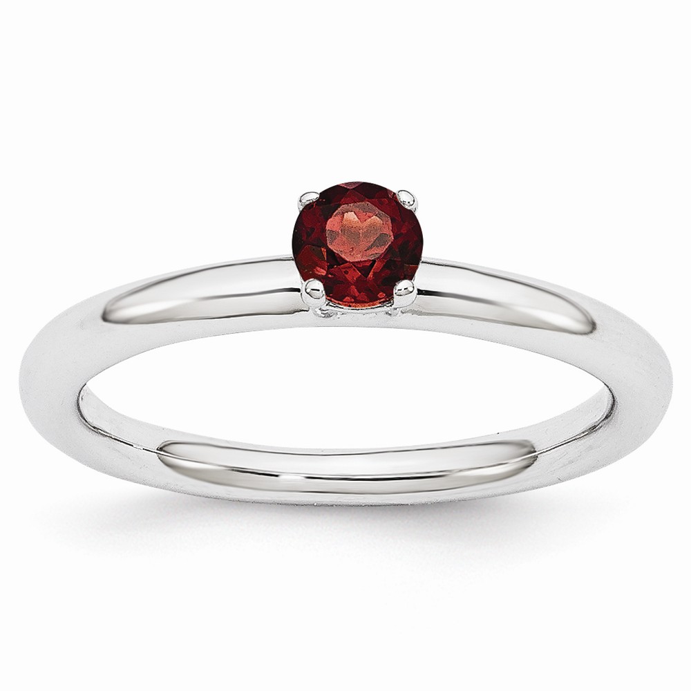 Rhodium Plated Sterling Silver Stackable 4mm Round Garnet Ring