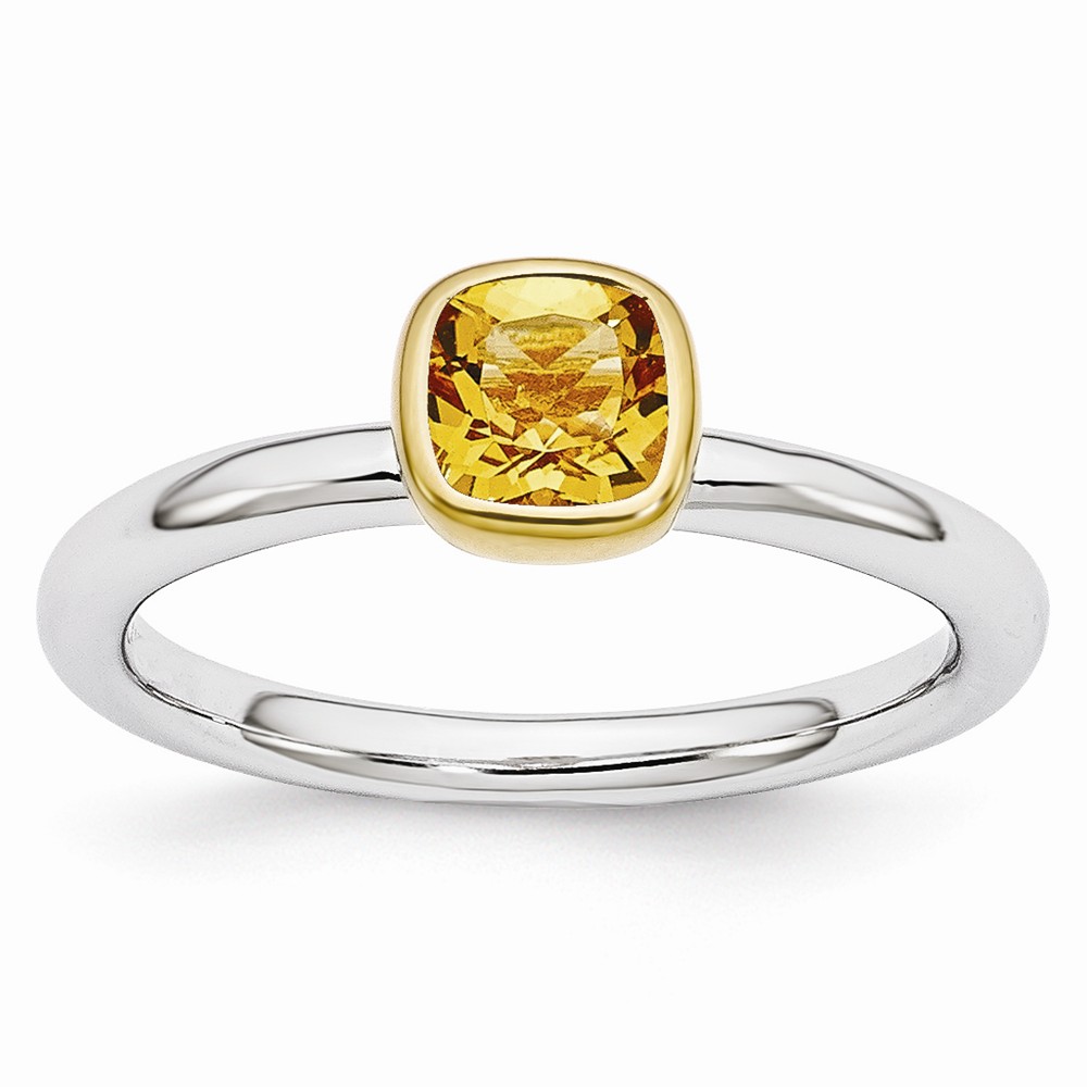 Two Tone Sterling Silver Stackable 5mm Cushion Citrine Ring