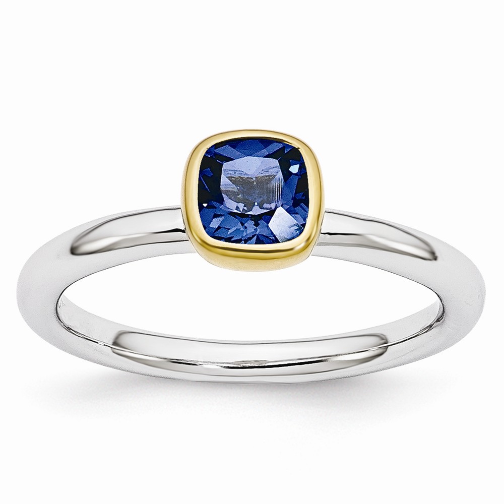 Two Tone Sterling Silver Stackable 5mm Cushion Created Sapphire Ring