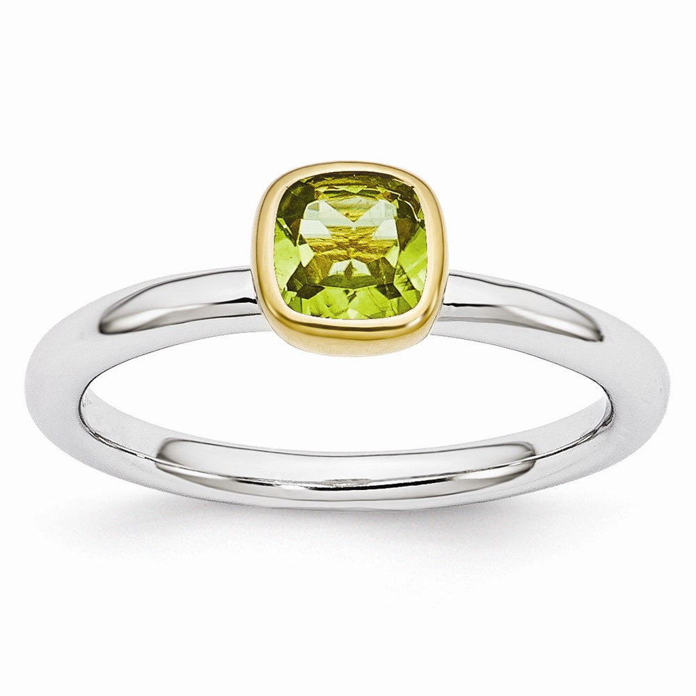 Two Tone Sterling Silver Stackable 5mm Cushion Peridot Ring