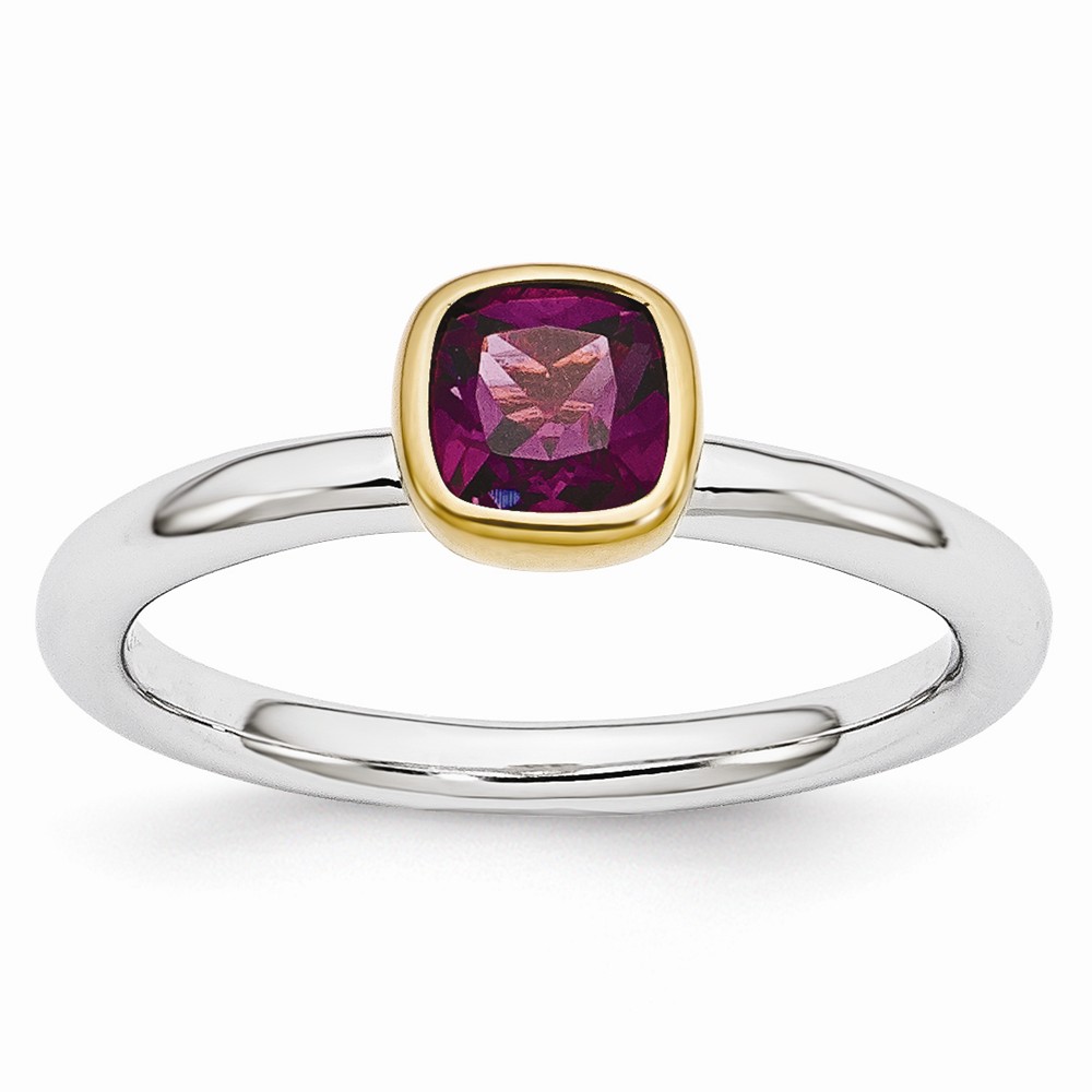 Two Tone Sterling Silver Stackable 5mm Cushion Rhodolite Garnet Ring