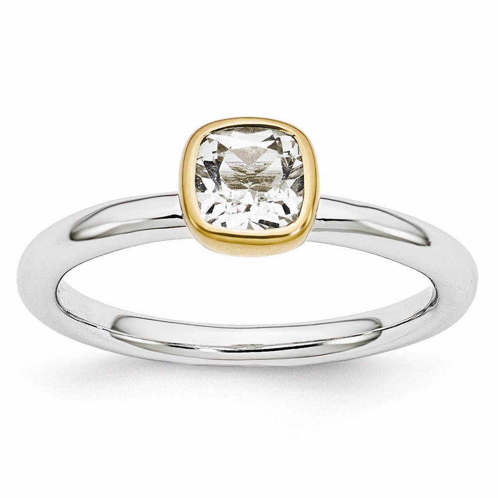 Two Tone Sterling Silver Stackable 5mm Cushion White Topaz Ring