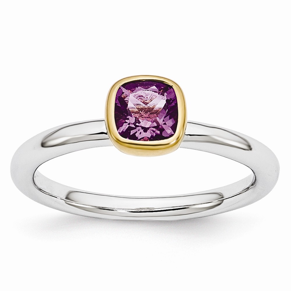 Two Tone Sterling Silver Stackable 5mm Cushion Amethyst Ring