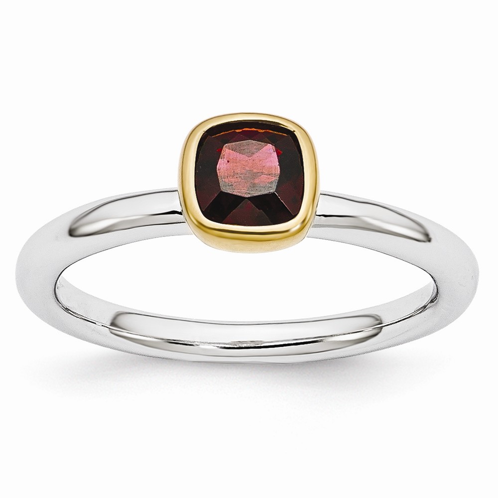 Two Tone Sterling Silver Stackable 5mm Cushion Garnet Ring