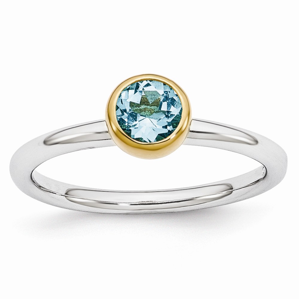 Two Tone Sterling Silver Stackable 5mm Round Blue Topaz Ring