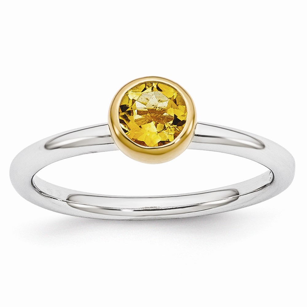 Two Tone Sterling Silver Stackable 5mm Round Citrine Ring
