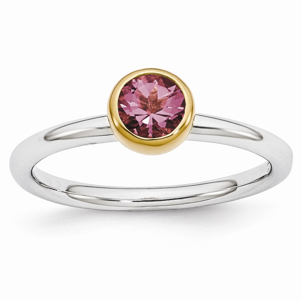Two Tone Sterling Silver Stackable 5mm Round Tourmaline Ring