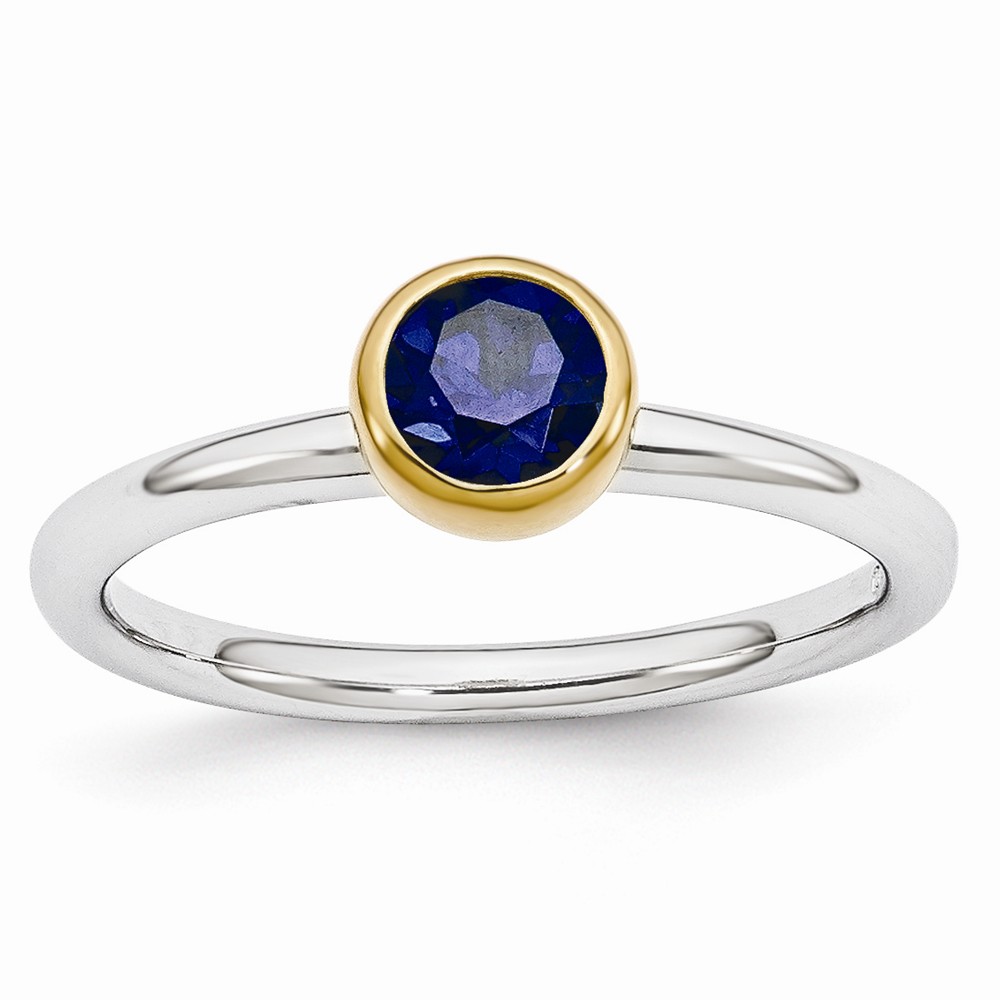 Two Tone Sterling Silver Stackable 5mm Round Created Sapphire Ring