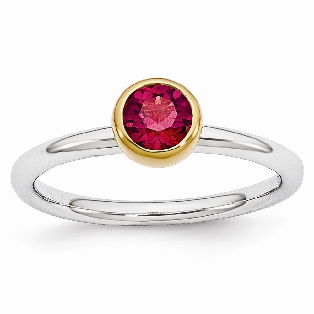 Two Tone Sterling Silver Stackable 5mm Round Created Ruby Ring