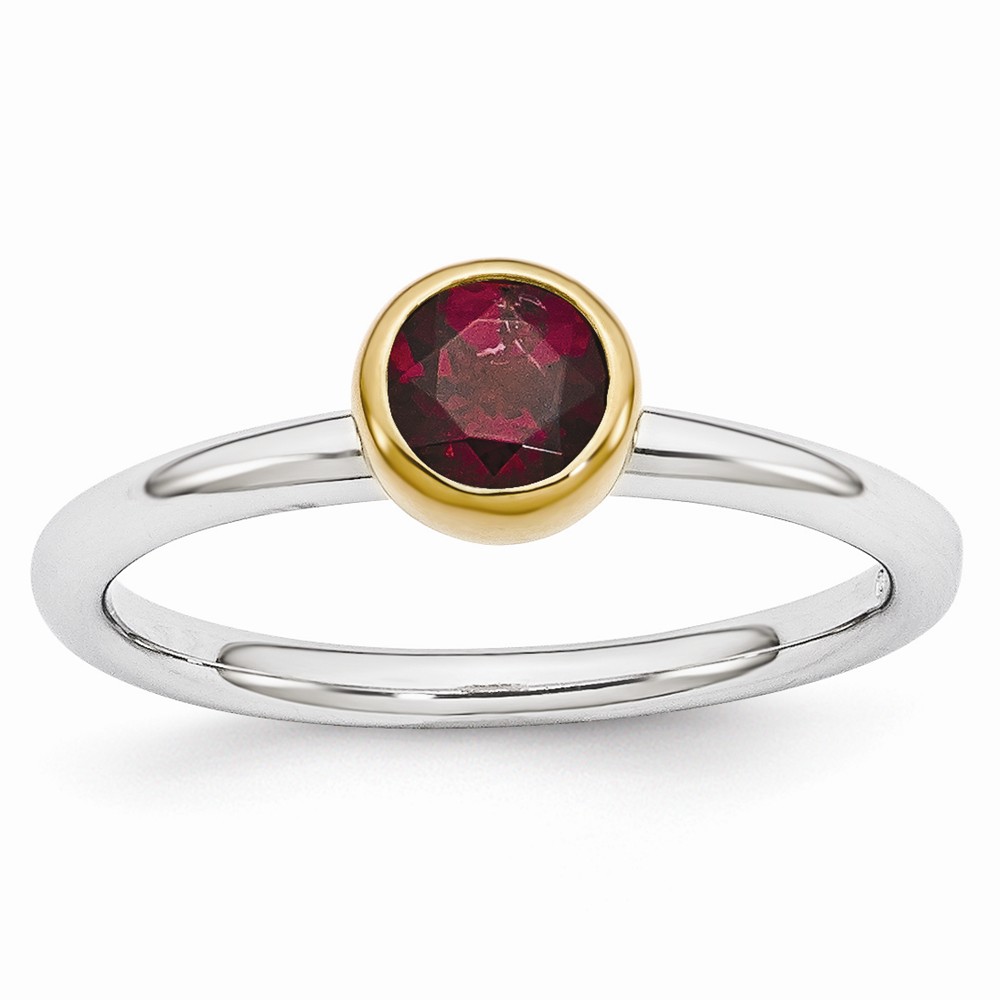 Two Tone Sterling Silver Stackable 5mm Round Rhodolite Garnet Ring