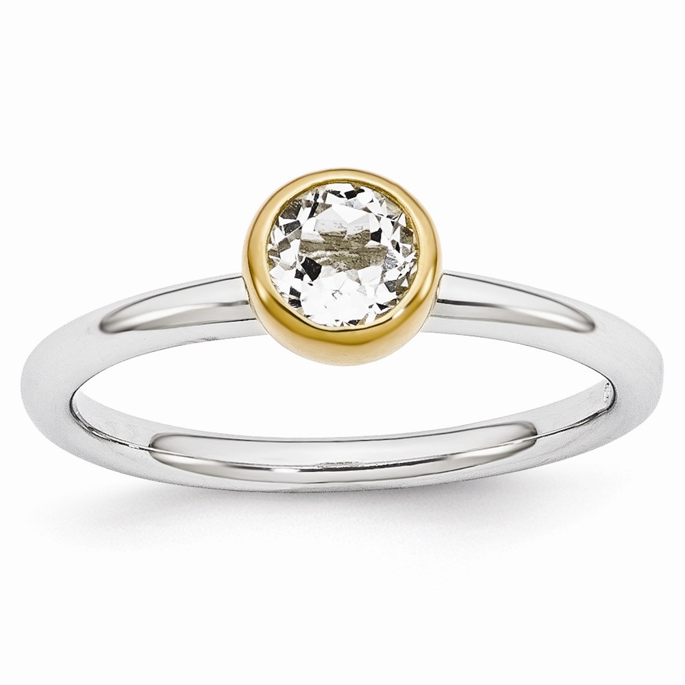 Two Tone Sterling Silver Stackable 5mm Round White Topaz Ring