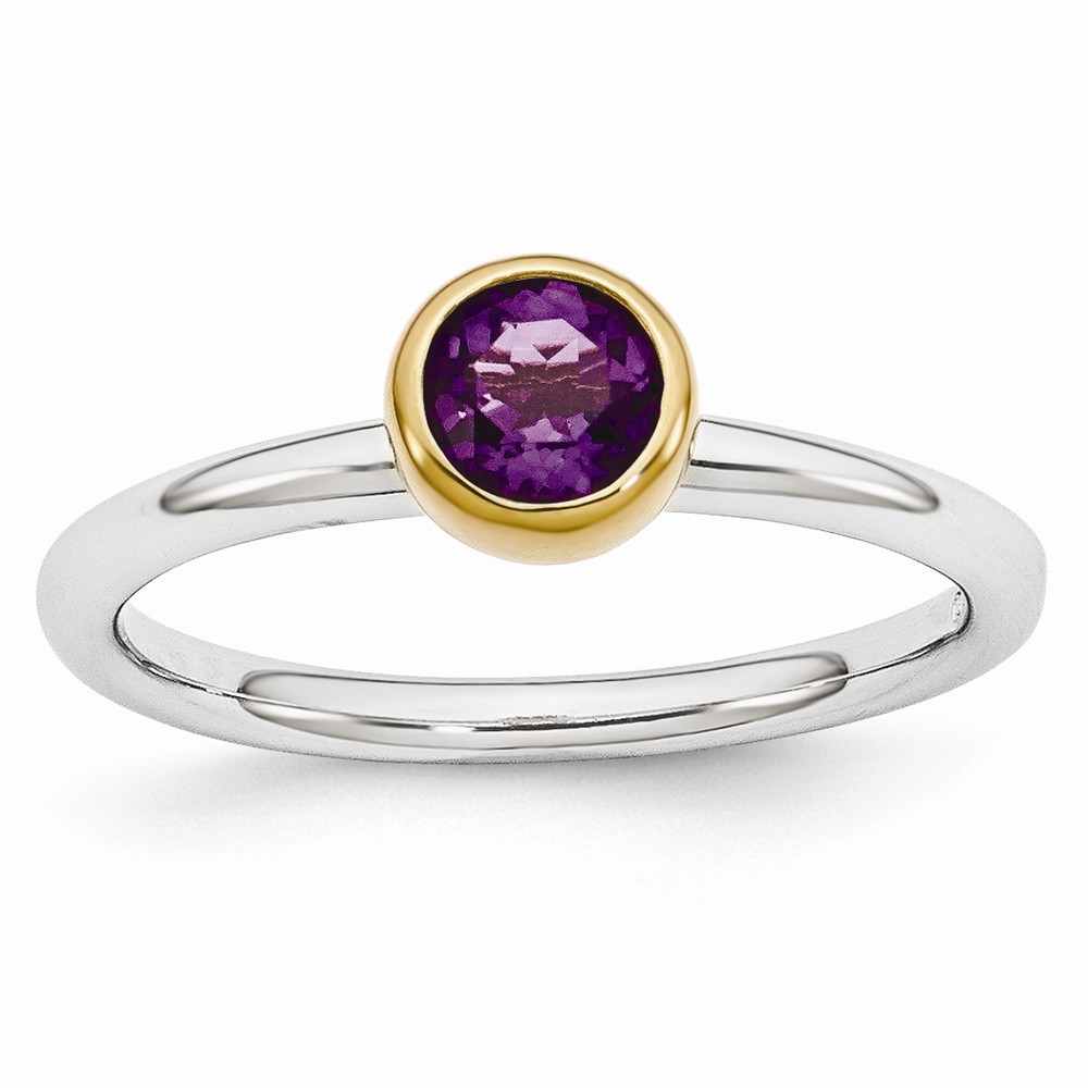 Two Tone Sterling Silver Stackable 5mm Round Amethyst Ring